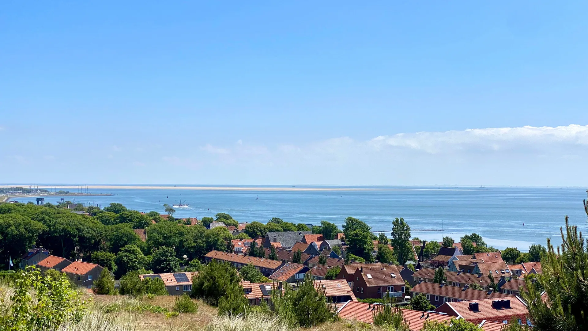 Duurzaam Vlieland met huizen en natuur aan zee, illustratie van een toekomstbestendig en groen eiland.